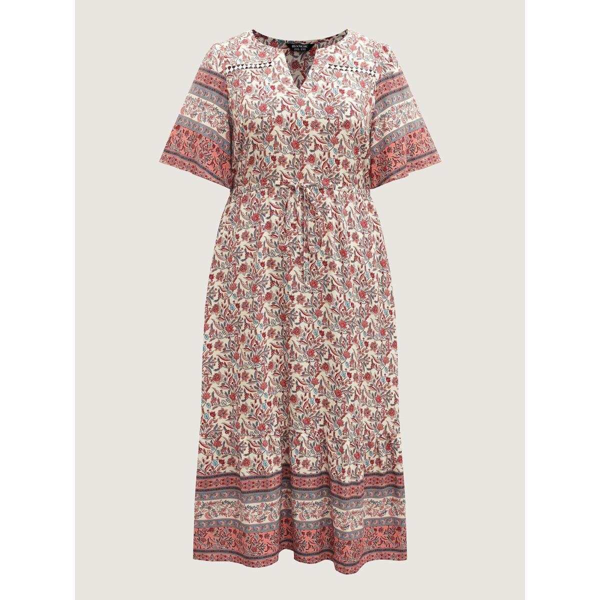 Plus Size Floral Print Lace Waist Drawstring Maxi Dress Salmon Women Woven ribbon&lace trim Flat collar with V-notch Half Sleeve Curvy BloomChic 28/5X Product Image