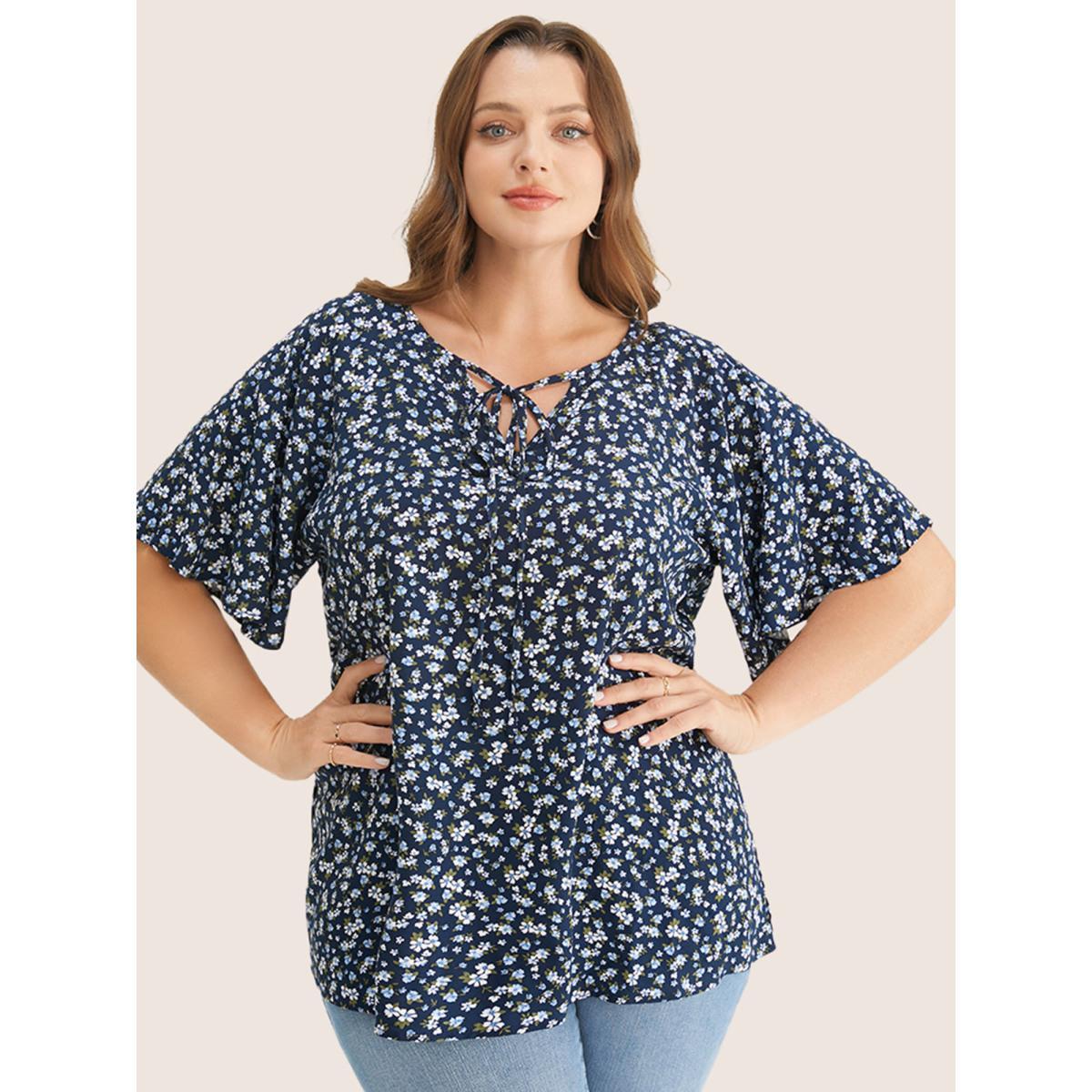 Plus Size Indigo Ditsy Floral Ruffle Sleeve Tie Neck Blouse Women Elegant Short sleeve V-neck Everyday Blouses BloomChic 10/M Product Image