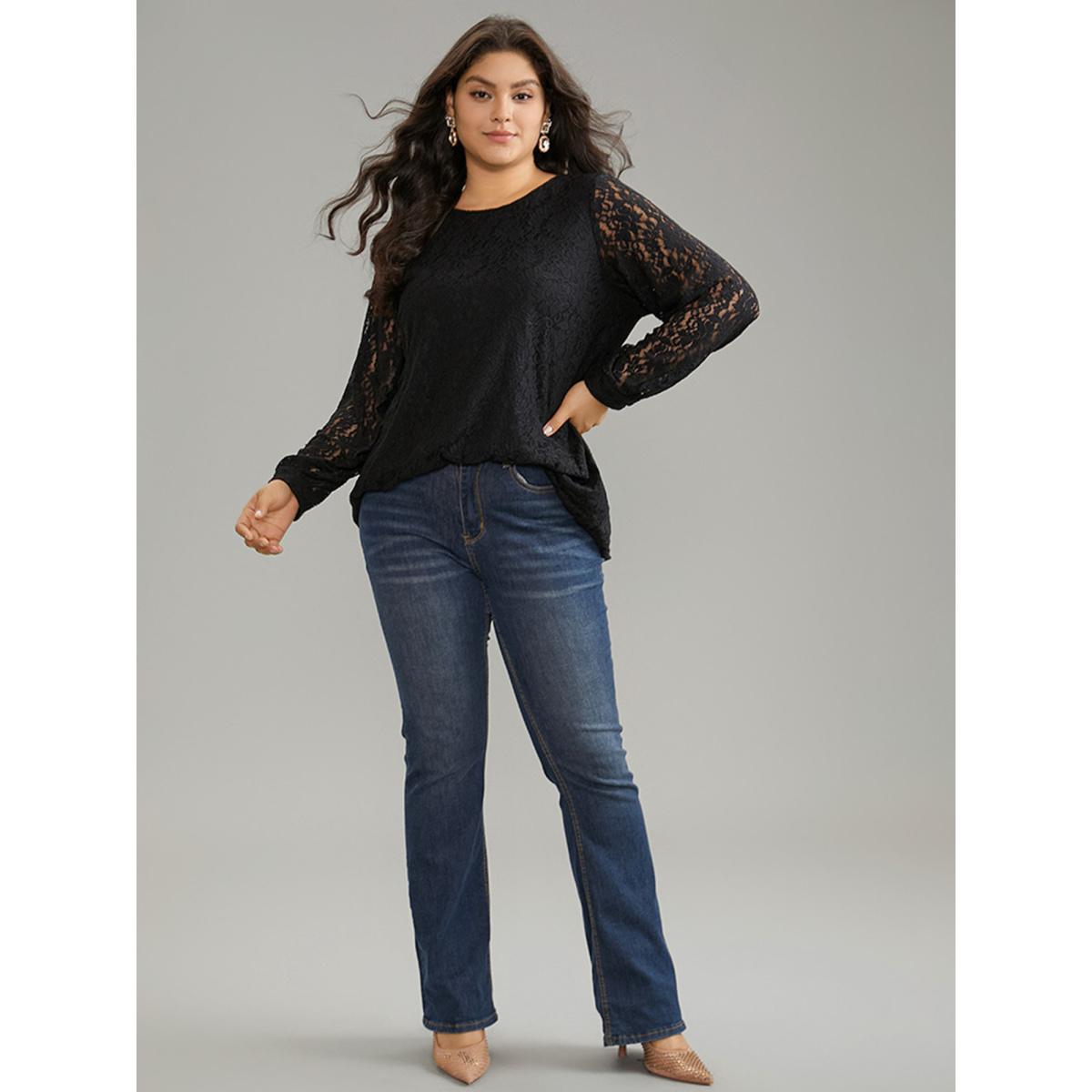 Plus Size Black Solid Crochet Lace Mesh Crew Neck Blouse Women Cocktail Long Sleeve Round Neck Party Blouses BloomChic 12/L Product Image
