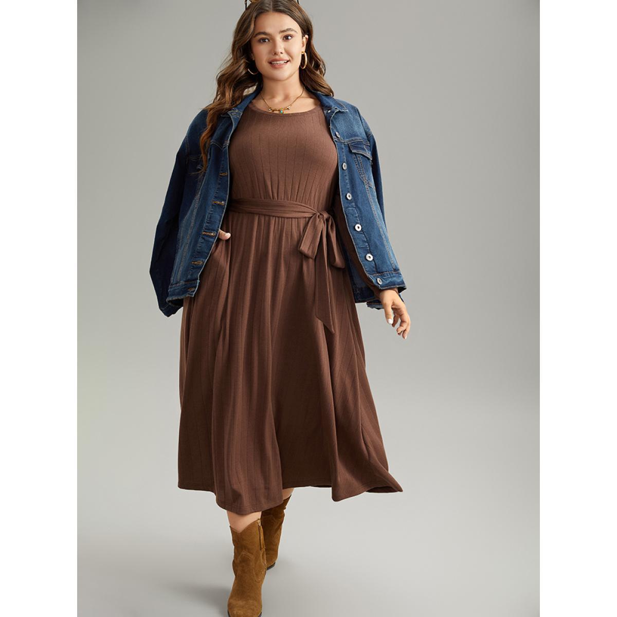 Plus Size Plain Rib Knit Belted Pocket Dress DarkBrown Women Elegant Plain Round Neck Long Sleeve Curvy Midi Dress BloomChic 26/4X Product Image
