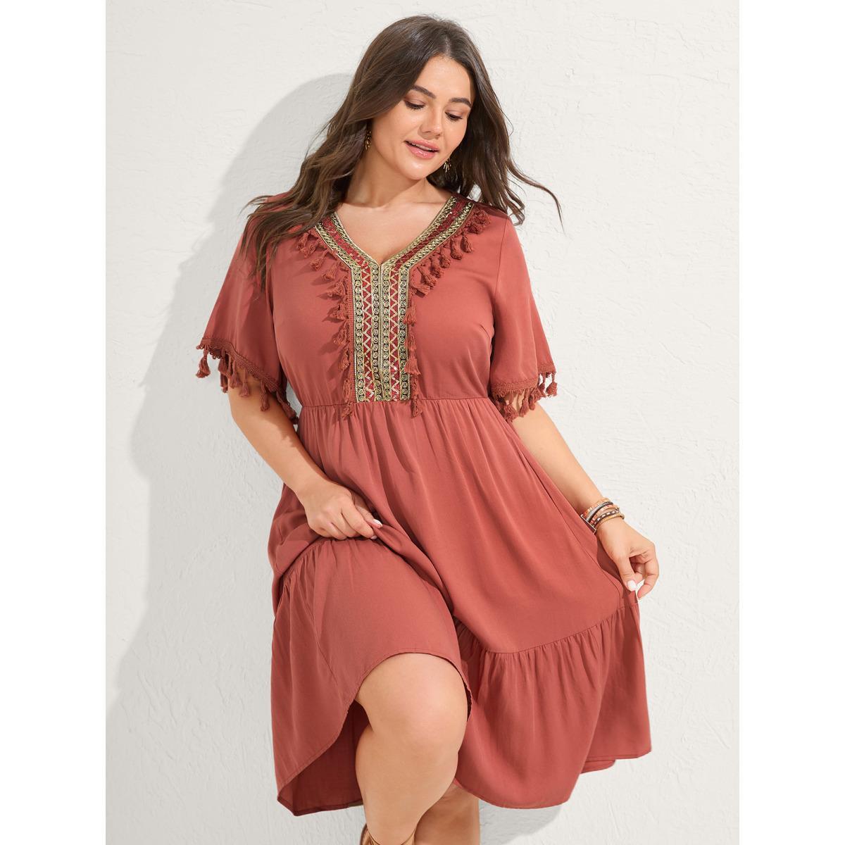 Plus Size Rayon Stretchy Waist Pockets Midi Dress Rust Women V-neck Half Sleeve Curvy BloomChic 14-16/1X Product Image