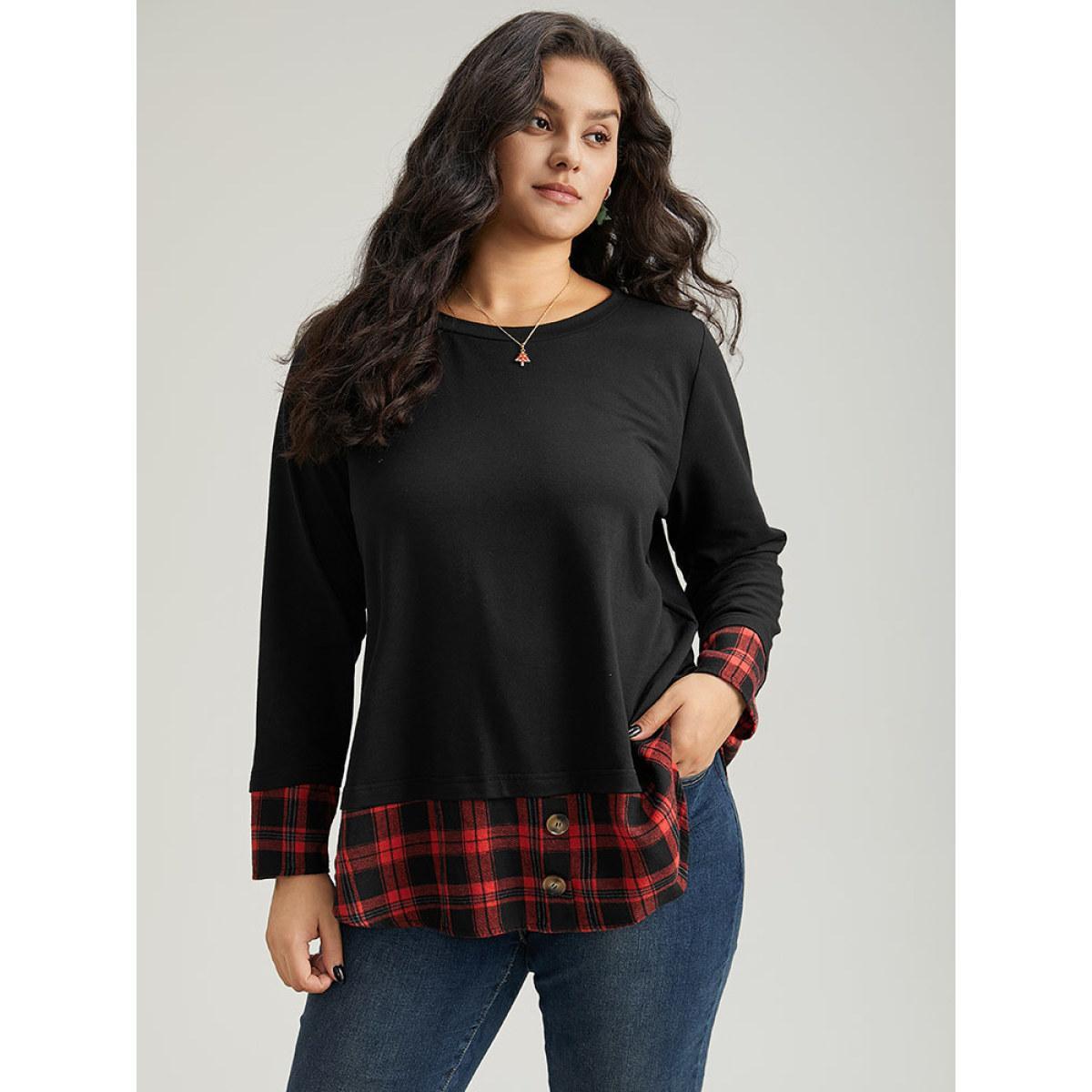 Plus Size Plaid Patchwork Button Detail Curved Hem Sweatshirt Women Black Casual Contrast Round Neck Festival-Christmas Sweatshirts BloomChic 14-16/1X Product Image