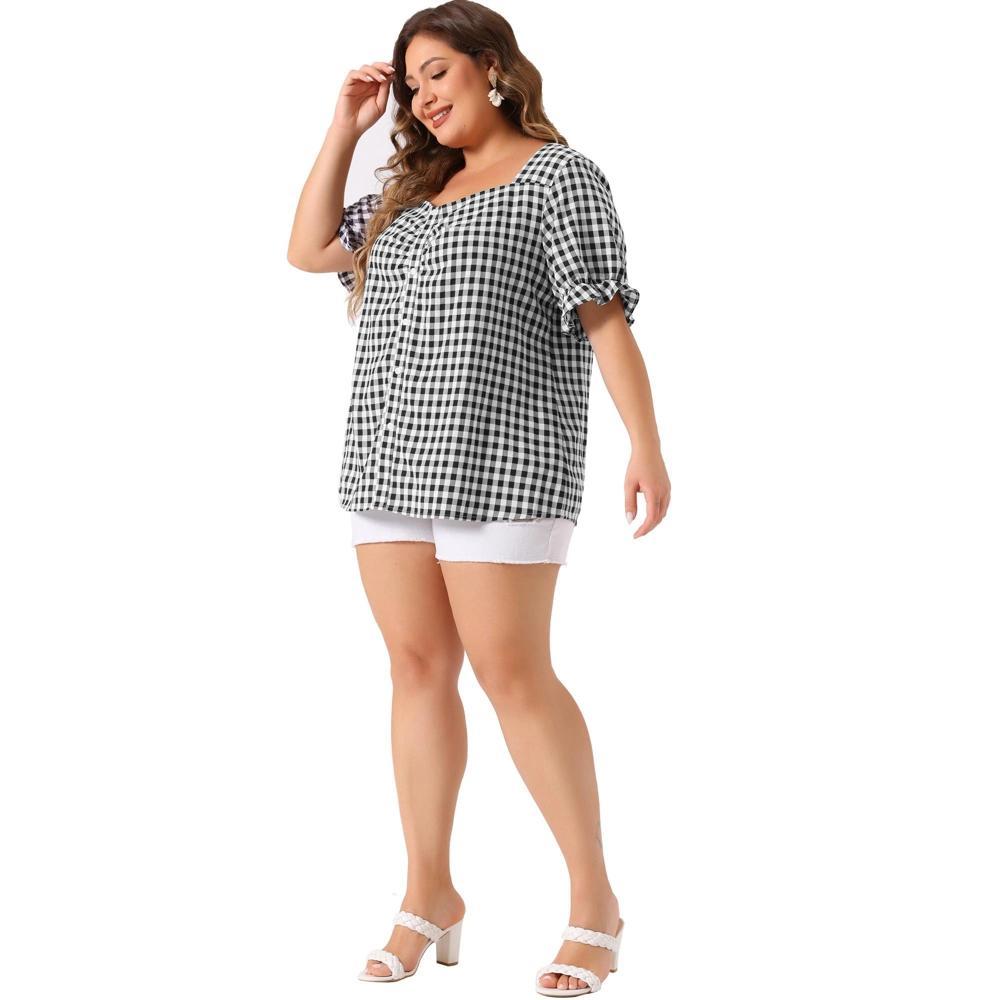 Agnes Orinda Women's Plus Size Gingham 1950s Sweetheart Neck Short Sleeve Blouses Product Image