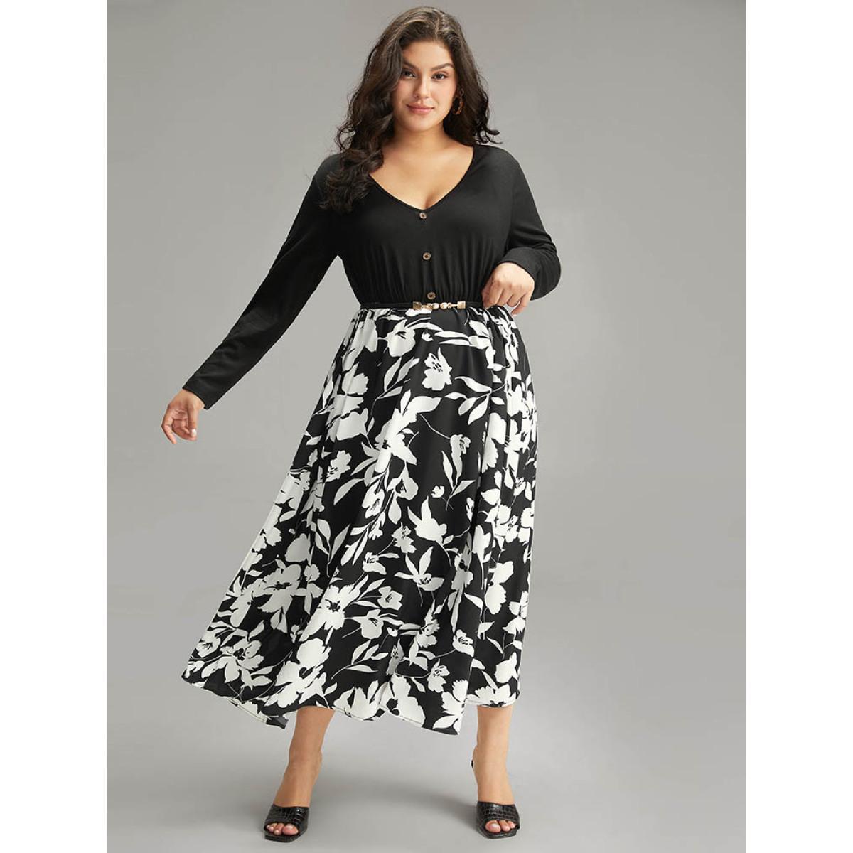Plus Size Silhouette Floral Print Patchwork Button Detail Dress Black Women Elegant Printed V-neck Long Sleeve Curvy Midi Dress BloomChic 10/M Product Image