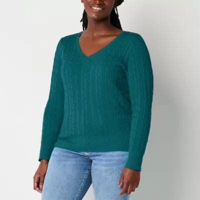St. John's Bay Womens V Neck Long Sleeve Cable Knit Pullover Sweater Product Image