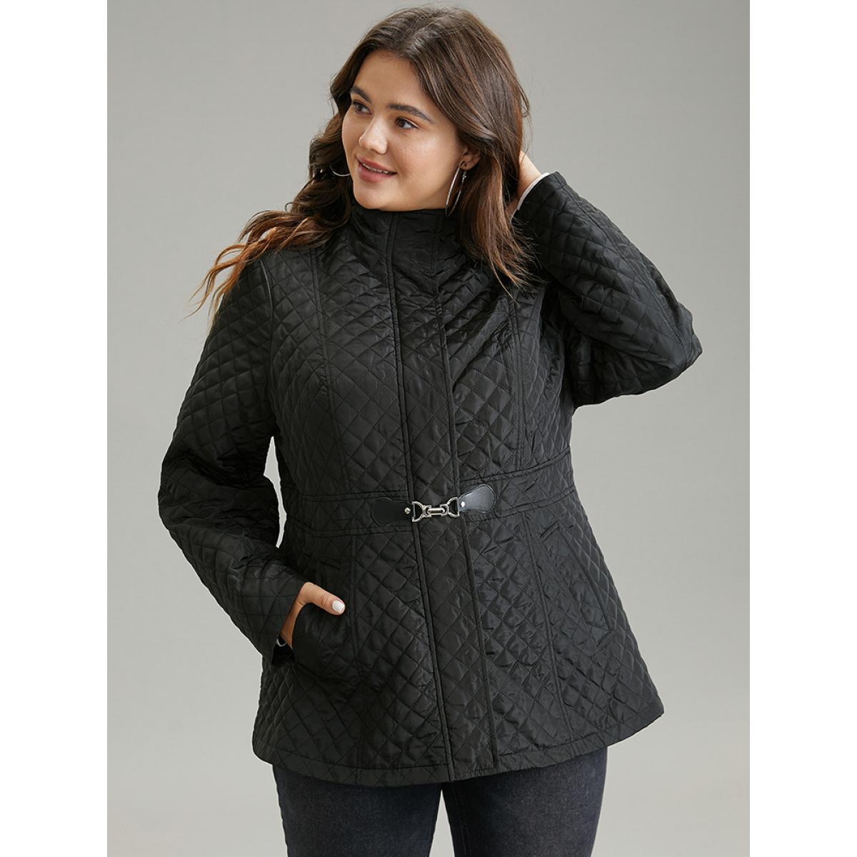 Plus Size Solid Buckle Detail Zipper Quilted Coat Women Black Casual Texture Ladies Everyday Winter Coats BloomChic 10/M Product Image
