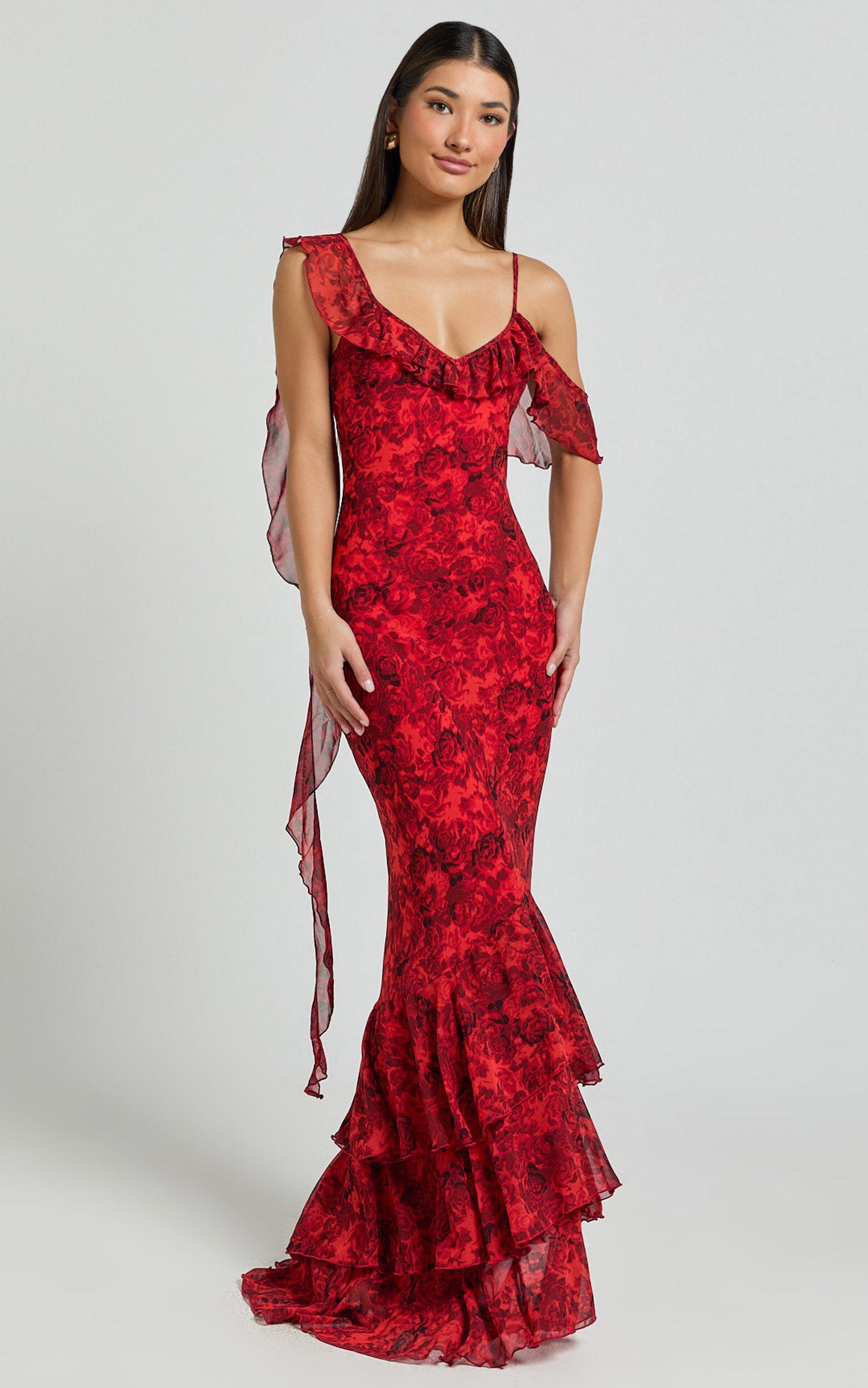 Riley Maxi Dress - Asymmetric Ruffle Detail Maxi Dress in Red Rose Print Product Image
