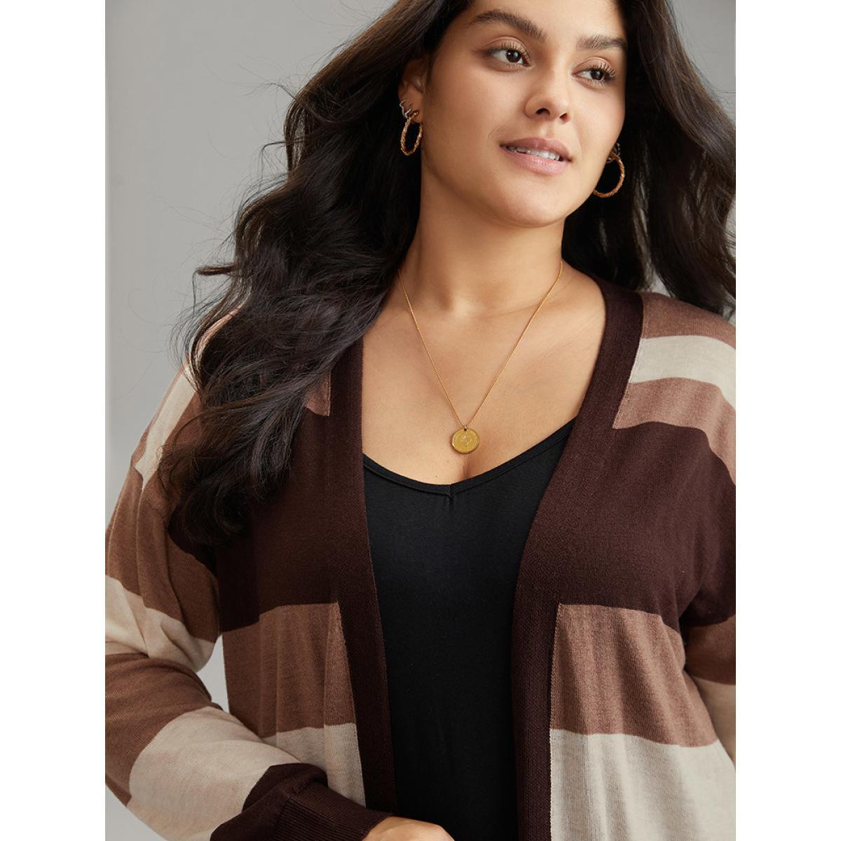 Plus Size Supersoft Essentials Colorblock Contrast Pocket Cardigan DarkBrown Women Casual Loose Long Sleeve Dailywear Cardigans BloomChic 14-16/1X Product Image