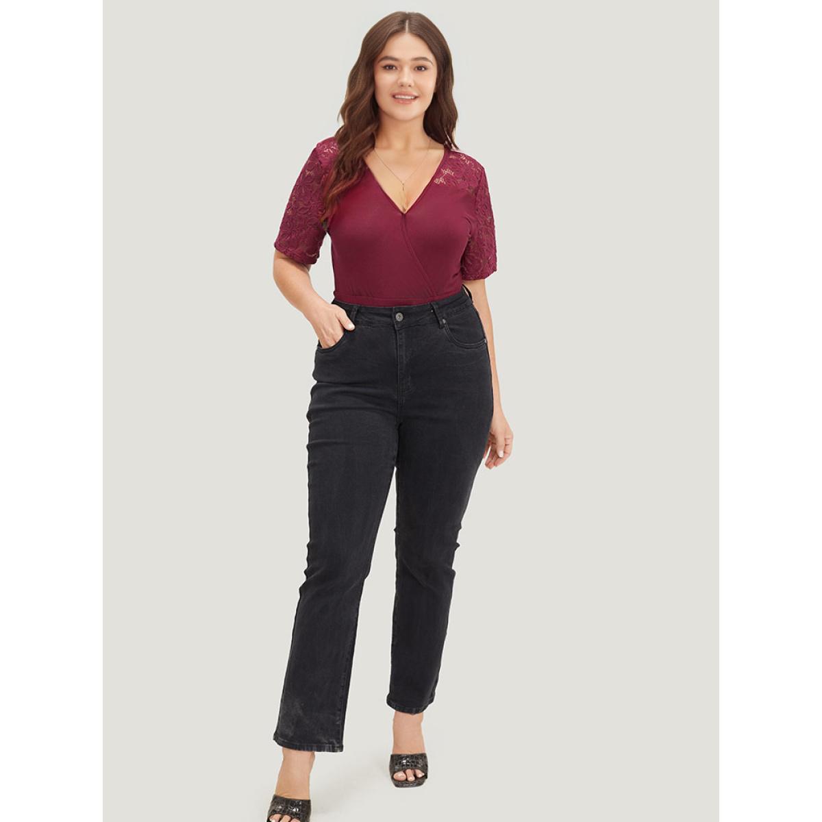 Plus Size Plain Crochet Lace Mesh Surplice Neck Bodysuit Women Burgundy Plain Wrap Bodysuits BloomChic 12/L Product Image