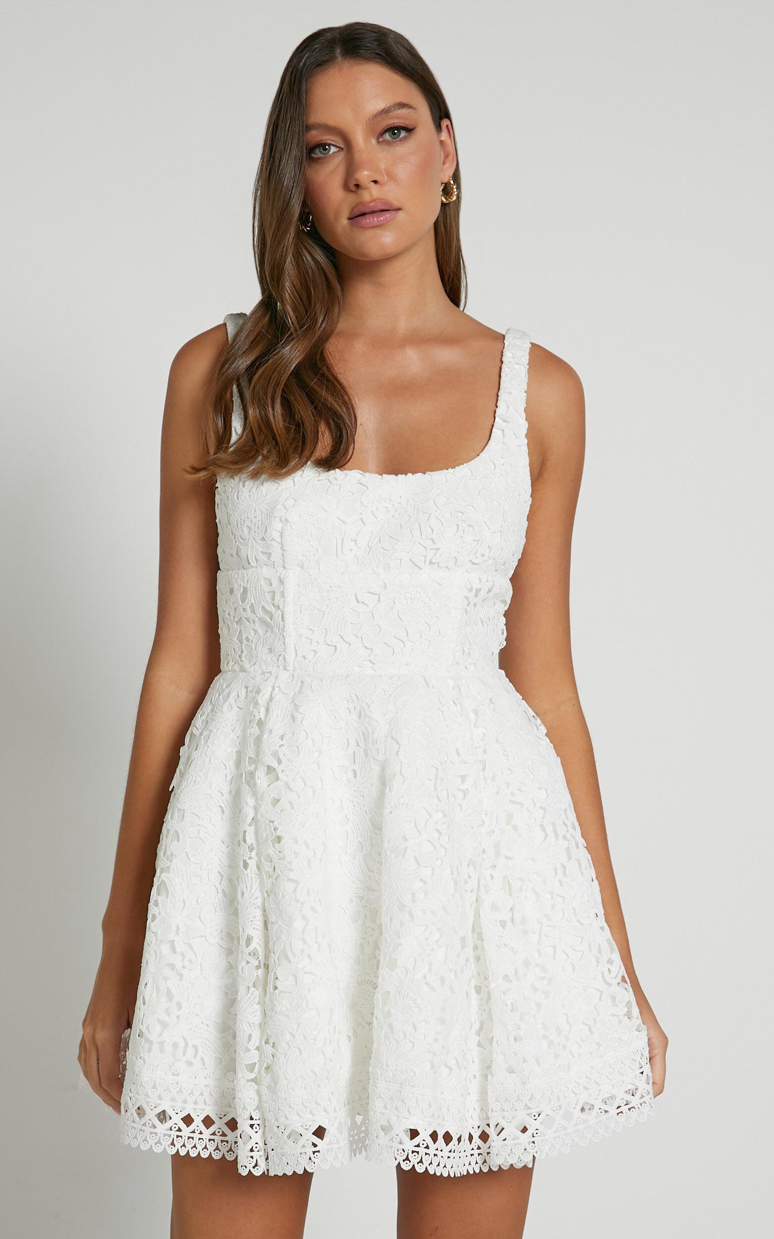 Lilia Mini Dress - Corset Scoop Neck Fit And Flare Dress in White Product Image