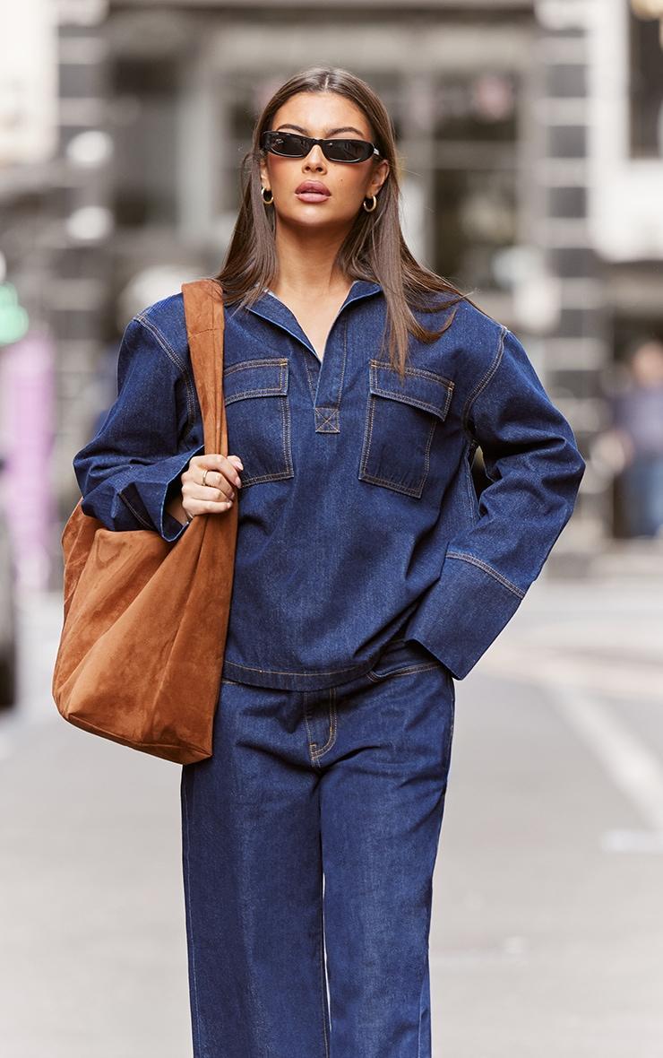 Indigo Contrast Stitch Long Sleeve Denim Rugby Shirt Product Image