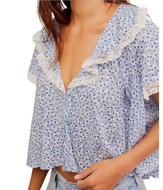 Free People Truly Yours Floral Print Split V Neck Short Sleeve Blouse Product Image