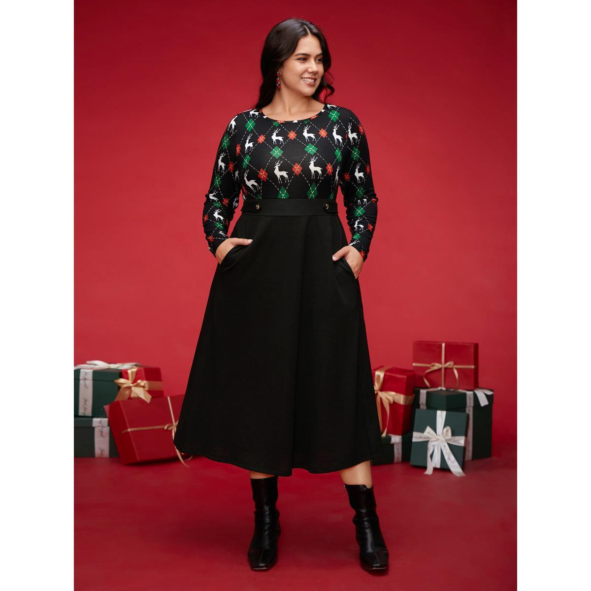Plus Size Reindeer Printed Fit-and-Flare Midi Dress Black Women Casual Patchwork Party Curvy Bloomchic 22-24/3X Product Image