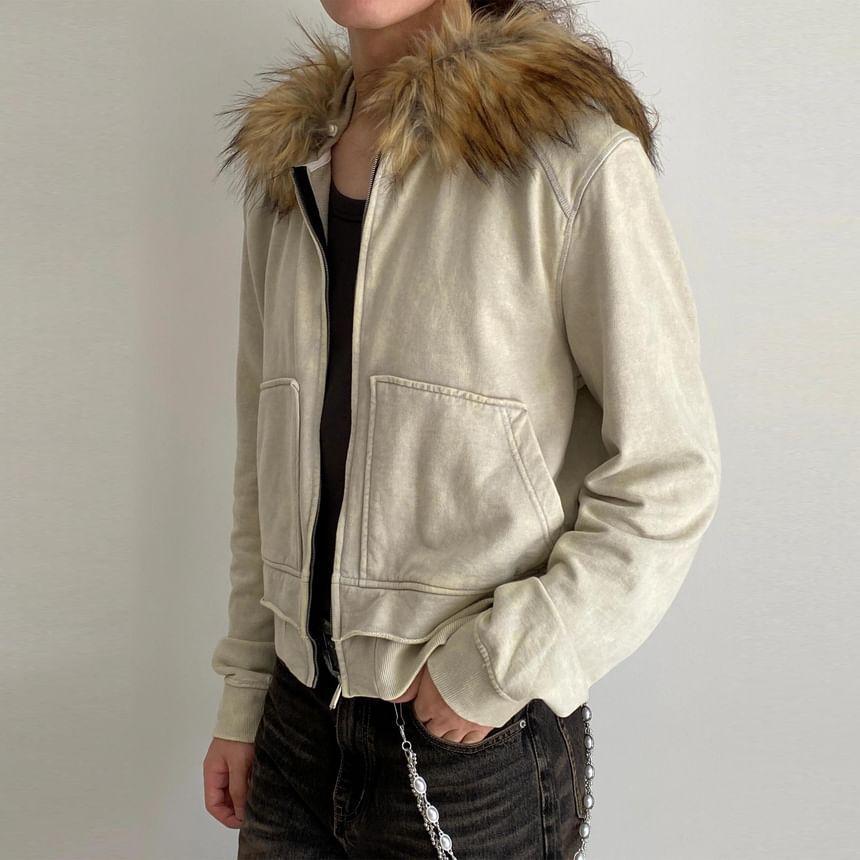 Fluffy Trim Washed Zip-Up Hoodie Product Image
