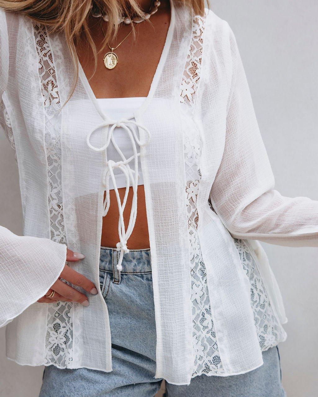 White Bell Sleeve Sheer Lace Top Product Image