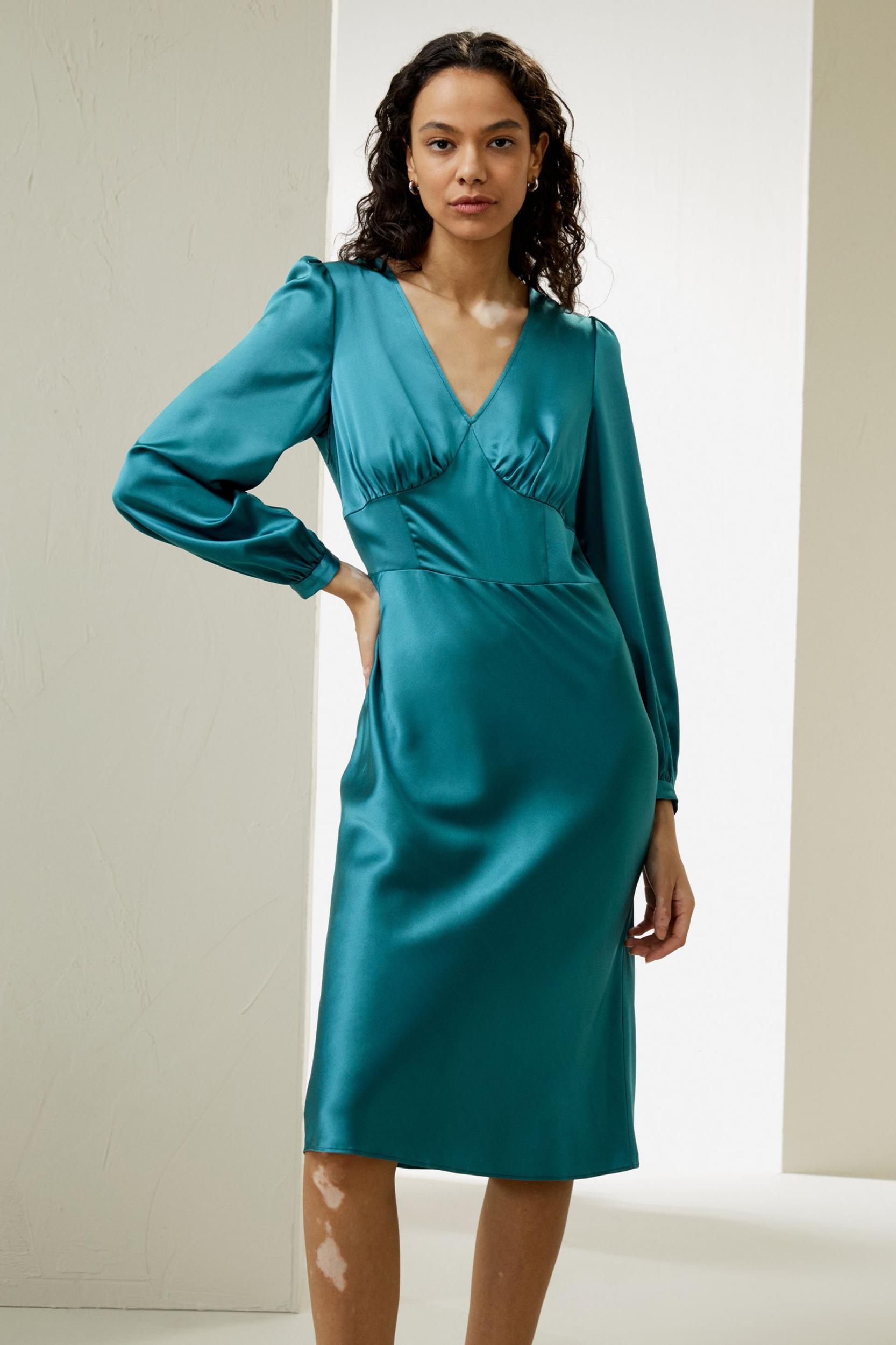 V-Neck Silk Waisted Dress Product Image