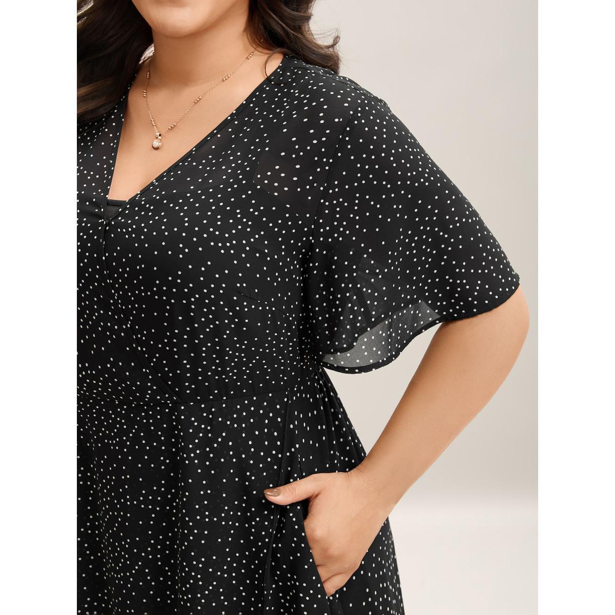 Plus Size Two Piece Polka Dots Sheer Midi Dress Black Women V-neck Short sleeve Curvy BloomChic 18-20/2X Product Image
