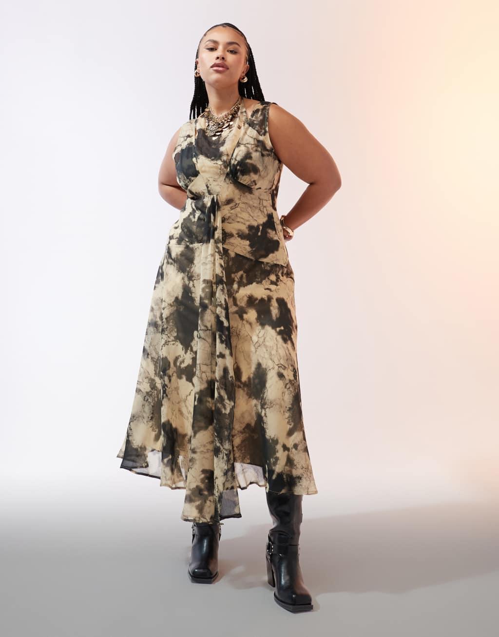ASOS DESIGN Curve double layer halter midi dress in mustard abstract print Product Image