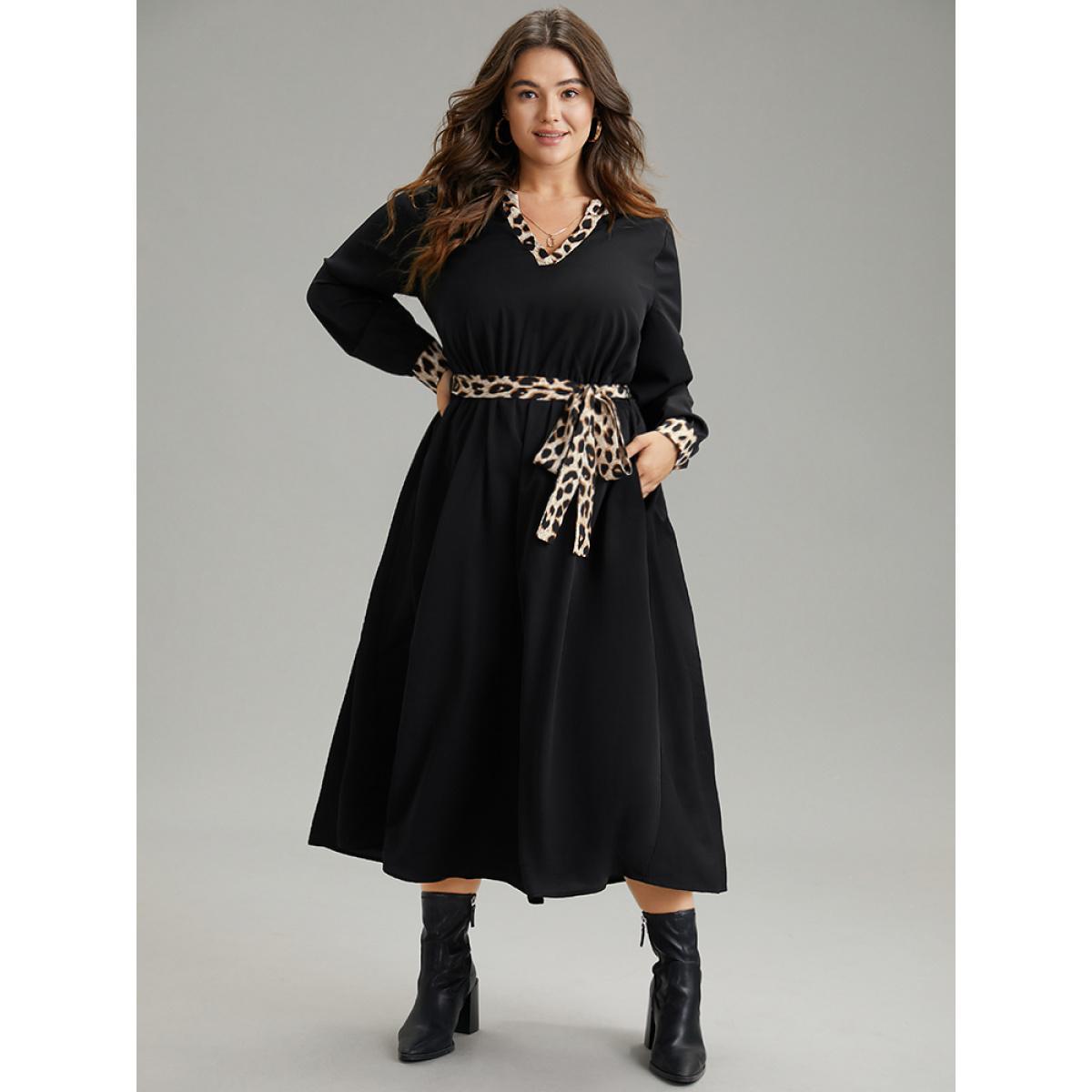 Plus Size Leopard Patchwork Pocket Belted Notched Dress Black Women Office Patchwork Notched collar Long Sleeve Curvy Midi Dress BloomChic 26/4X Product Image