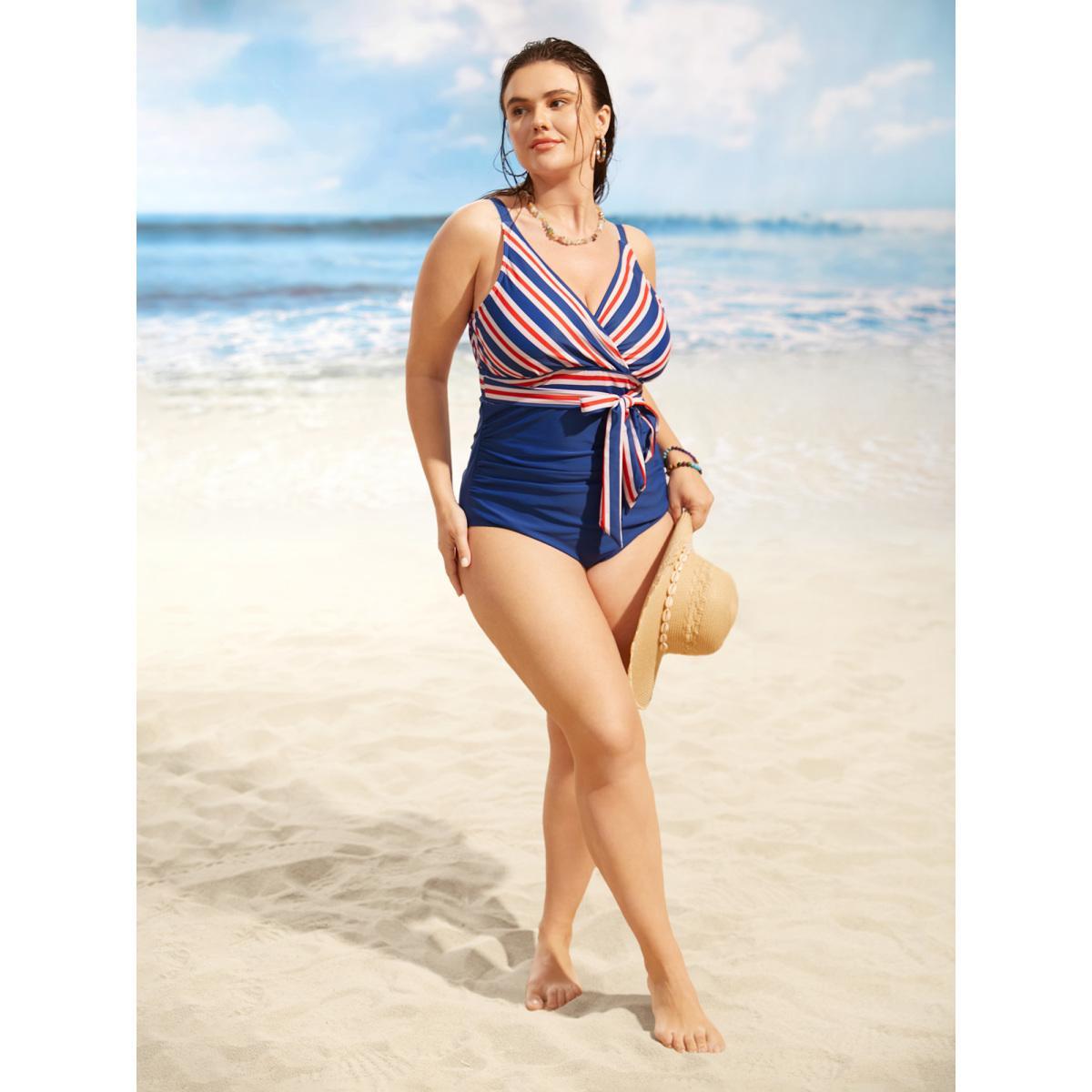 Plus Size Overlap Collar Contrast Striped Tie knot One Piece Swimsuit Women's Swimwear Navy Beach Tie knot Curve Bathing Suits High stretch One Pieces BloomChic 30/6X Product Image