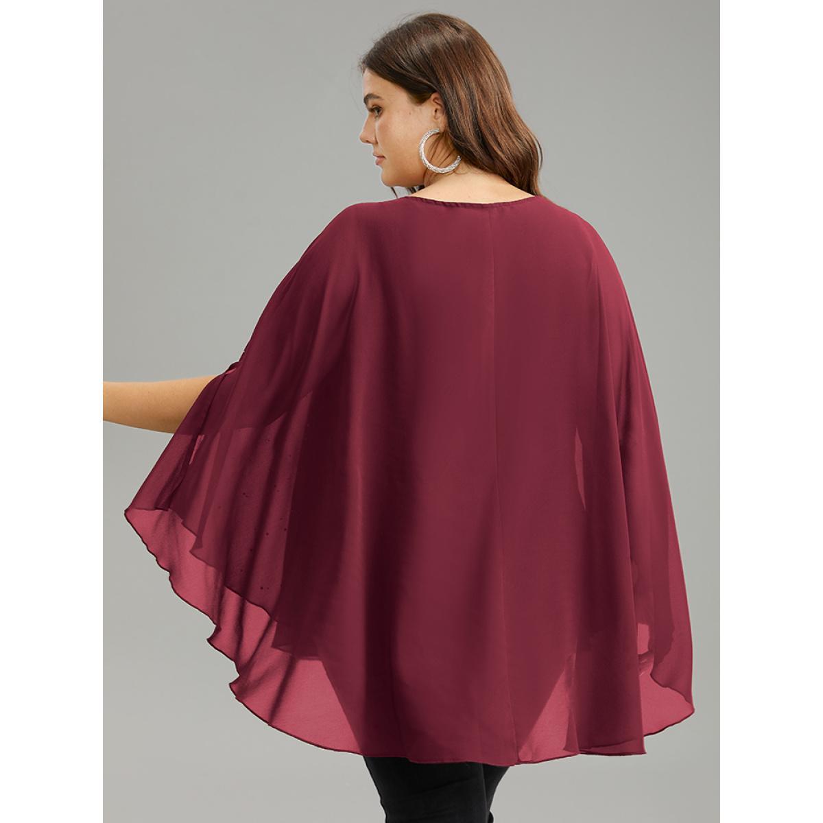 Plus Size Scarlet Chiffon Rhinestone Split Dolman Sleeve Blouse Women Cocktail Elbow-length sleeve Round Neck Party Blouses BloomChic 28/5X Product Image