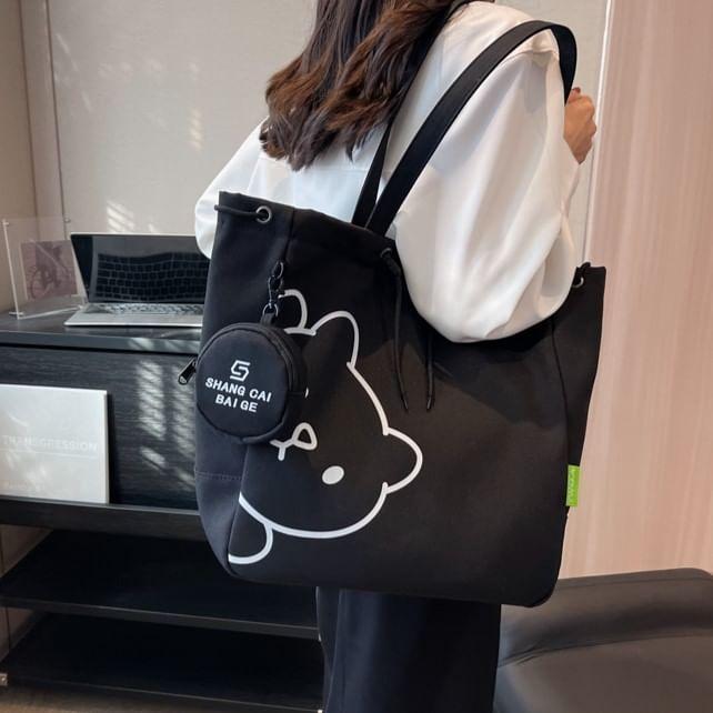 Set: Bear Print Tote Bag + Lettering Coin Purse Product Image