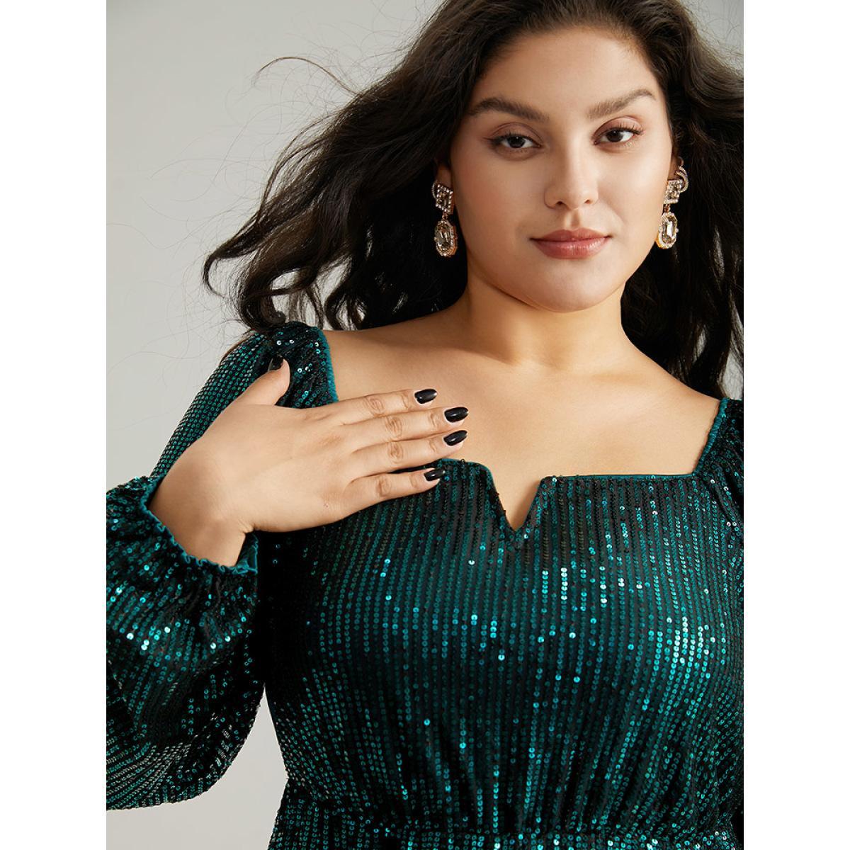 Plus Size Sequin Square Neck Lantern Sleeve Knee Dress DarkGreen Women Party Elastic cuffs Square Neck Long Sleeve Curvy Knee Dress BloomChic 18-20/2X Product Image