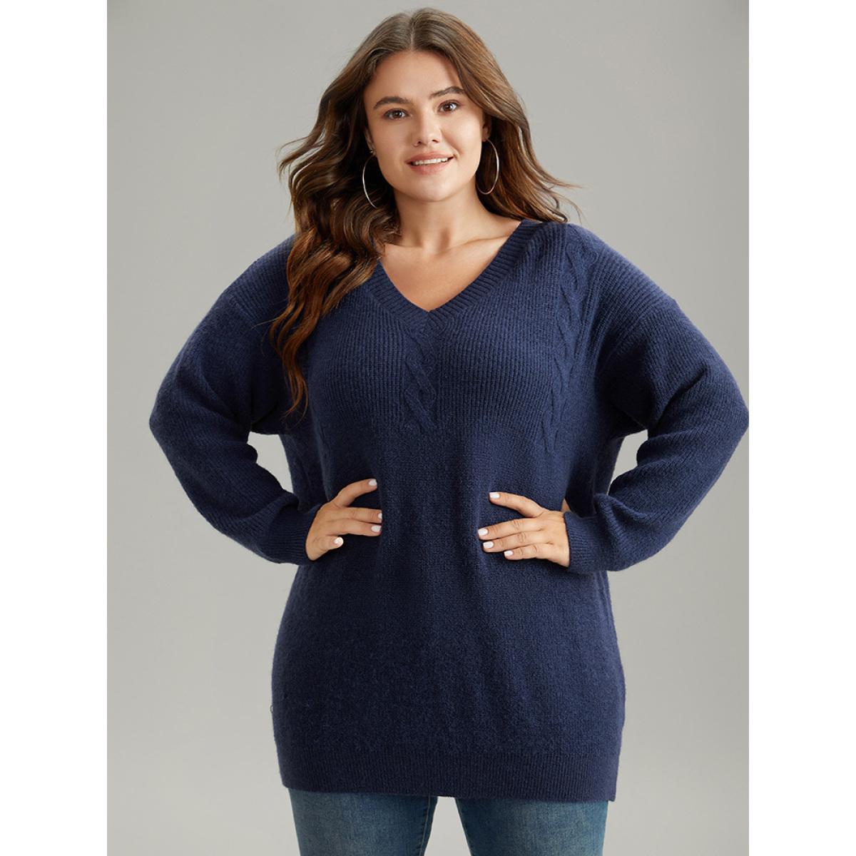 Plus Size Anti-Pilling Solid Cable Knit Button Detail Pullover Indigo Women Casual Loose Long Sleeve V-neck Dailywear Pullovers BloomChic 22-24/3X Product Image