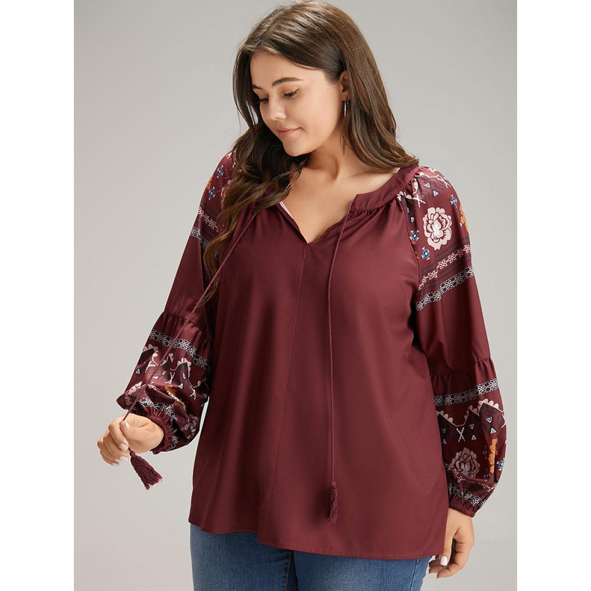 Plus Size Scarlet Boho Print Tie Neck Tassel Trim Blouse Women Vacation Long Sleeve Tie Neck Dailywear Blouses BloomChic 10/M Product Image