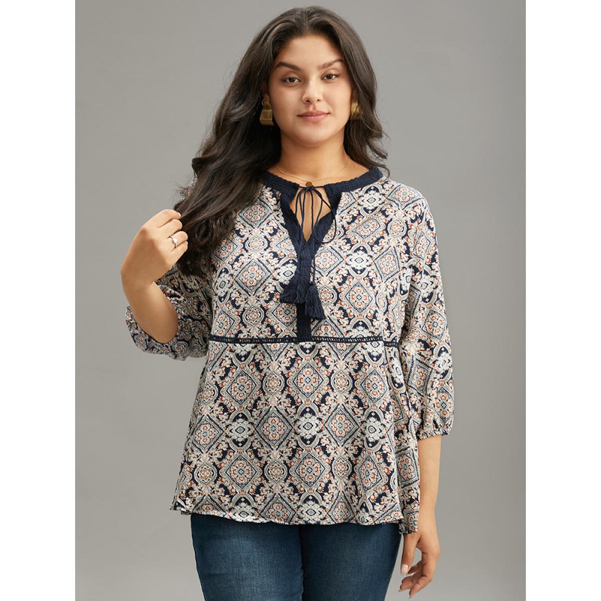 Plus Size Indigo Moroccan Print Tassels Ties Elastic Cuffs Blouse Women Resort Elbow-length sleeve Tie Neck Vacation Blouses BloomChic 18-20/2X Product Image