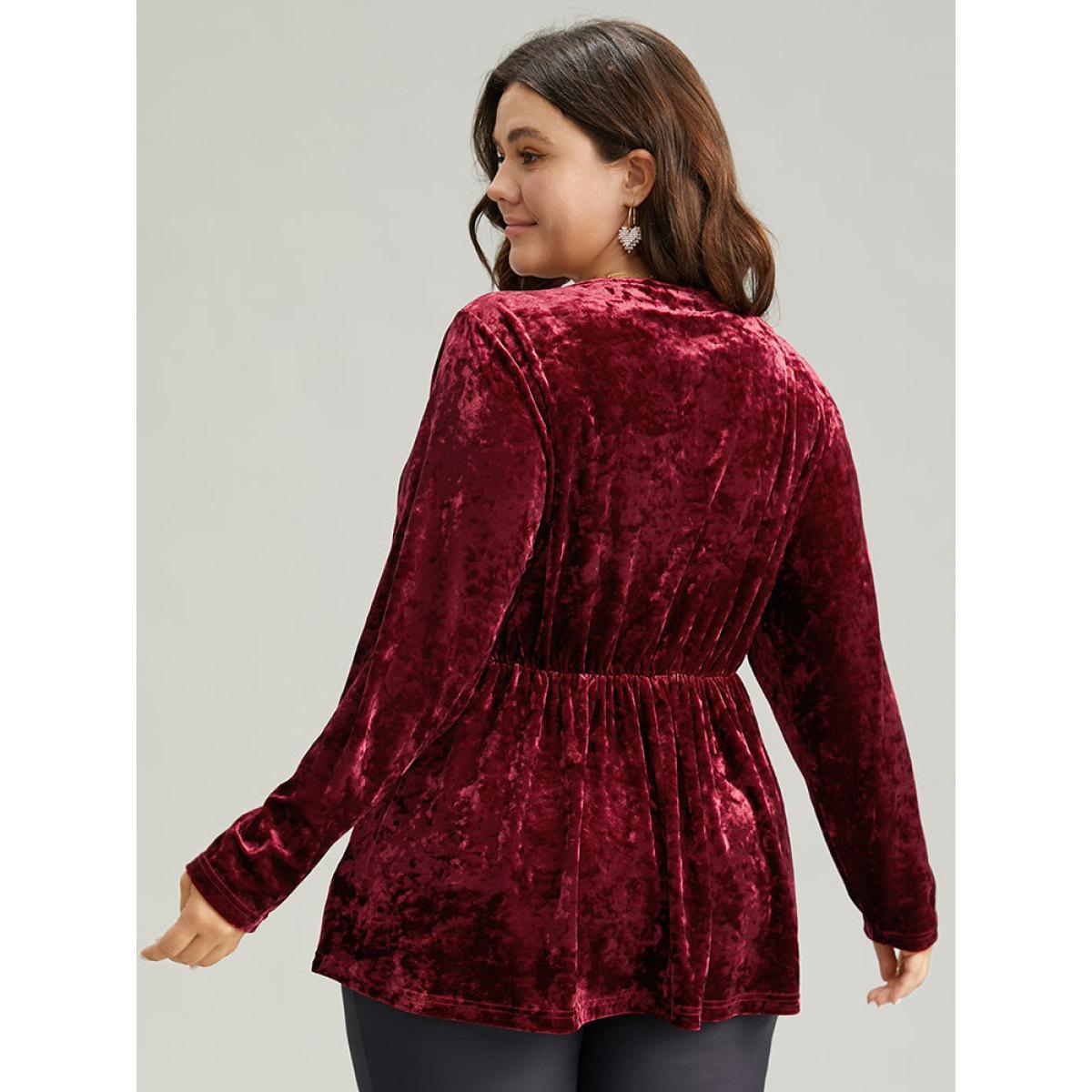 Plus Size Scarlet Velvet Overlap Collar Elastic Waist Buckle Detail Blouse Women Glamour Long Sleeve Overlap Collar Festival-Christmas Blouses BloomChic 30/6X Product Image
