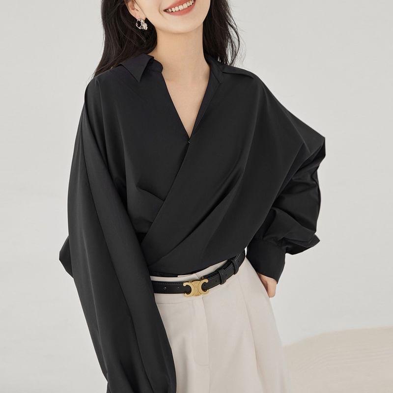 Long-Sleeve V-Neck Plain Wrapped Blouse Product Image