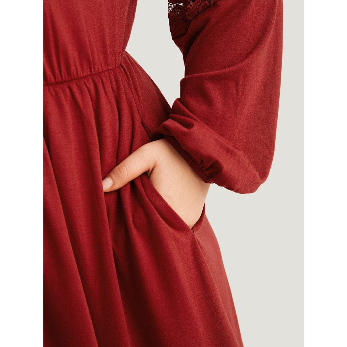 Plus Size Plain Pocket Lace Panel Lantern Sleeve Dress Scarlet Women Casual Elastic cuffs Round Neck Long Sleeve Curvy Midi Dress BloomChic 26/4X Product Image