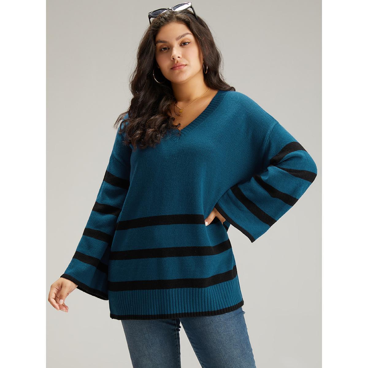 Plus Size Striped Bell Sleeve Moderately Stretchy Pullover Burgundy Women Casual Loose Long Sleeve V-neck Dailywear Pullovers BloomChic 18-20/2X Product Image