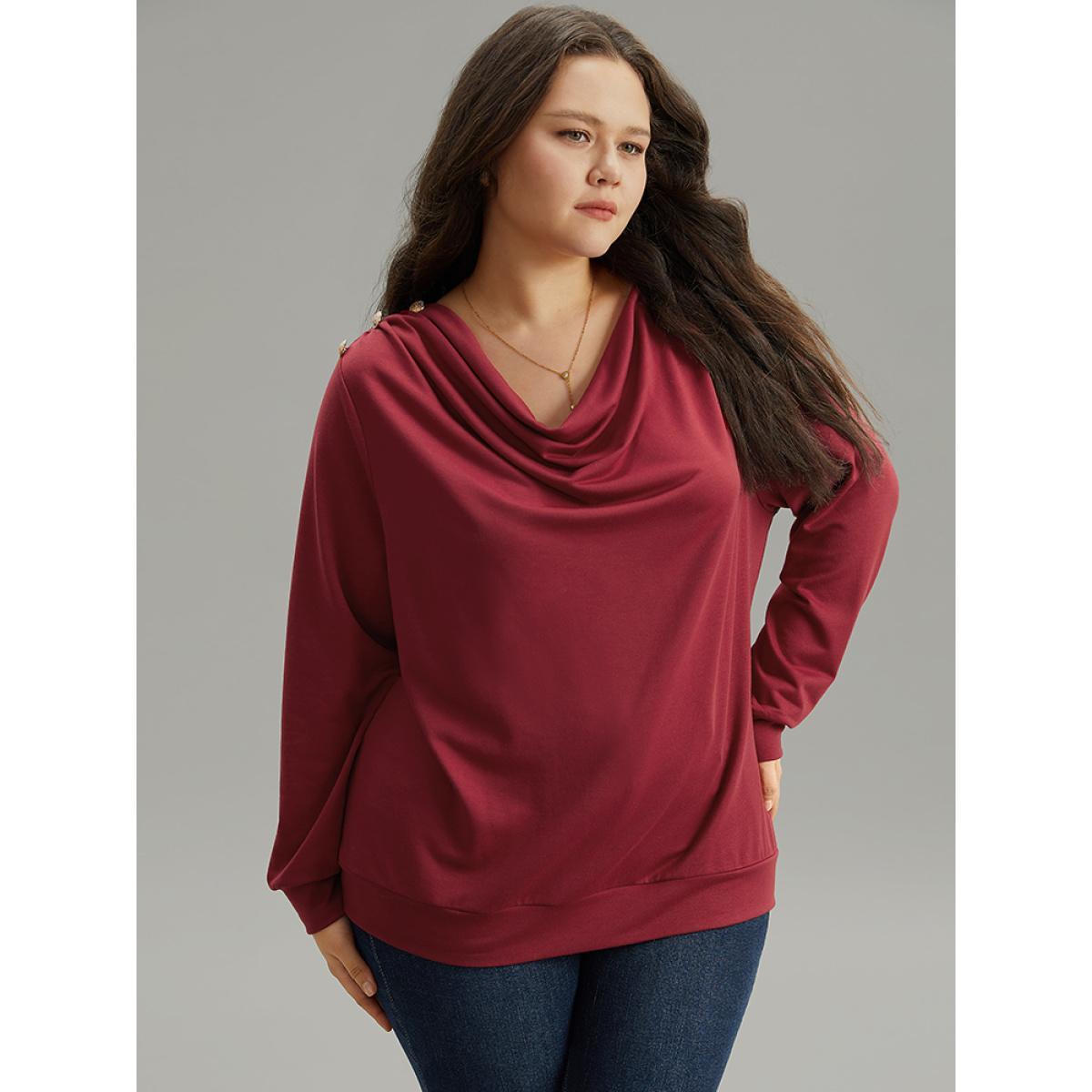 Plus Size Solid Cowl Neck Metal Detail Sweatshirt Women Red Elegant Plain Cowl Neck Dailywear Sweatshirts BloomChic 30/6X Product Image