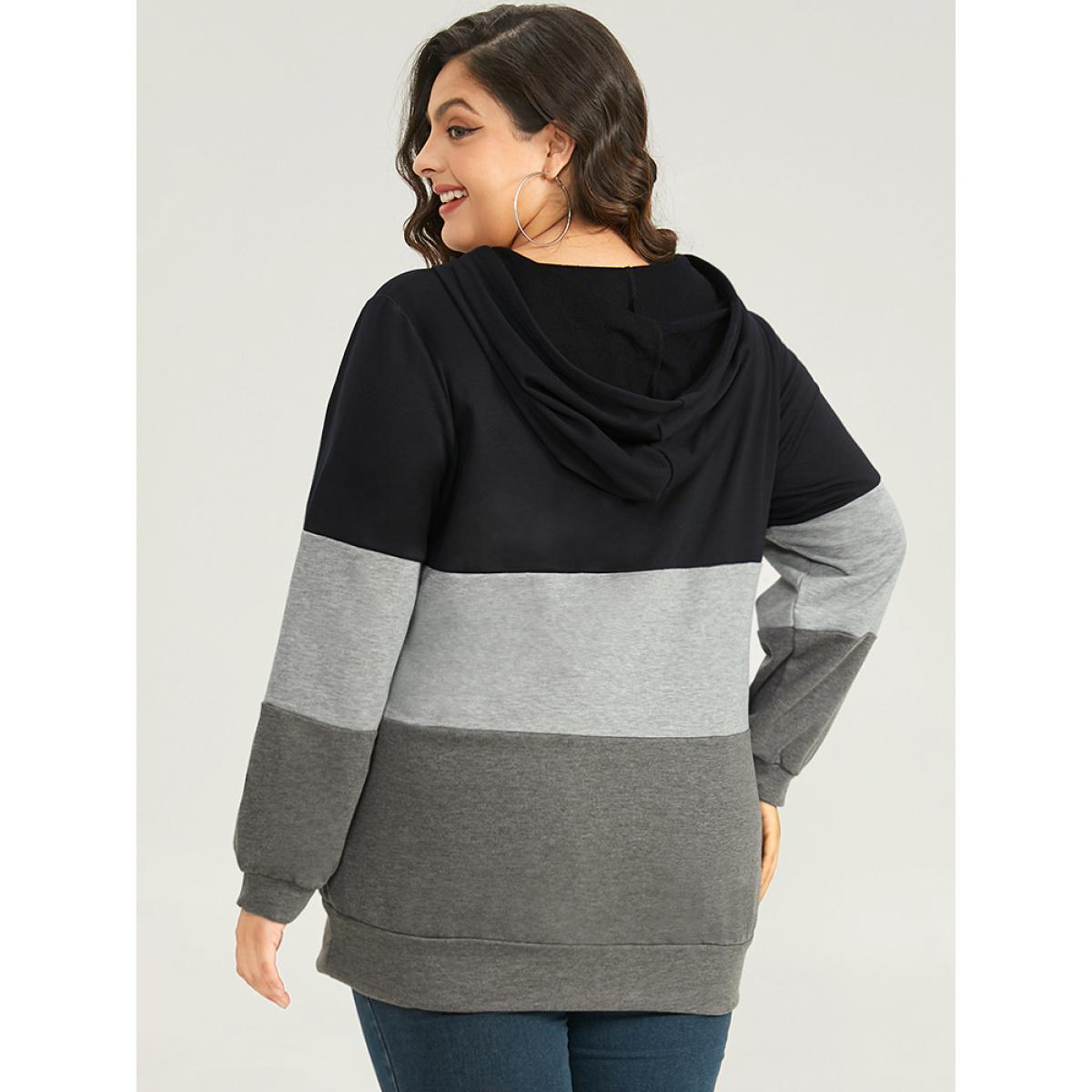 Plus Size Colorblock Contrast Half Zip Hooded Sweatshirt Women DimGray Casual Elastic cuffs Hooded Dailywear Sweatshirts BloomChic 14-16/1X Product Image