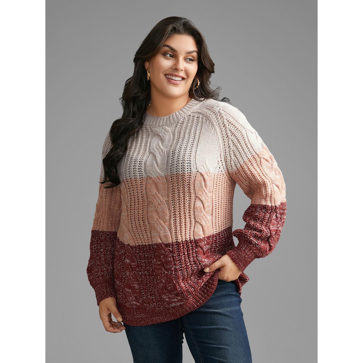 Plus Size Contrast Textured Cable Knit Pullover Rust Women Casual Loose Long Sleeve Round Neck Everyday Pullovers BloomChic 12/L Product Image