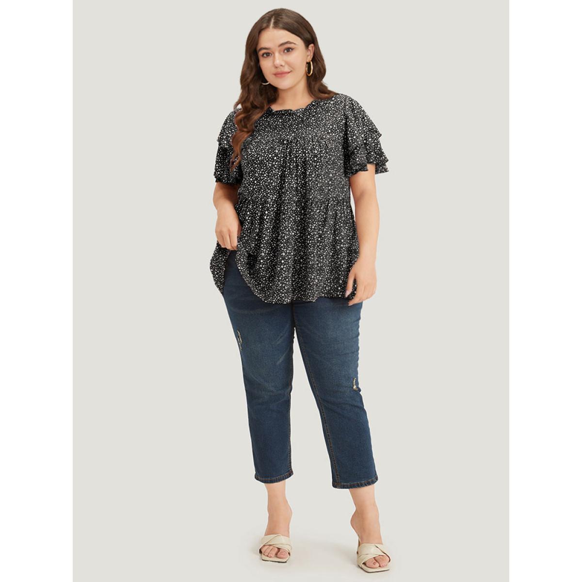 Plus Size Black Leopard Print Frill Trim Ruffle Layered Sleeve Blouse Women Elegant Short sleeve Stand-up collar Dailywear Blouses BloomChic 14-16/1X Product Image