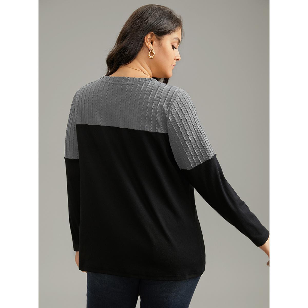 Plus Size Textured Patchwork Contrast Crew Neck Knit T-shirt DarkGray Women Casual Texture Plain Round Neck Dailywear T-shirts BloomChic 14-16/1X Product Image