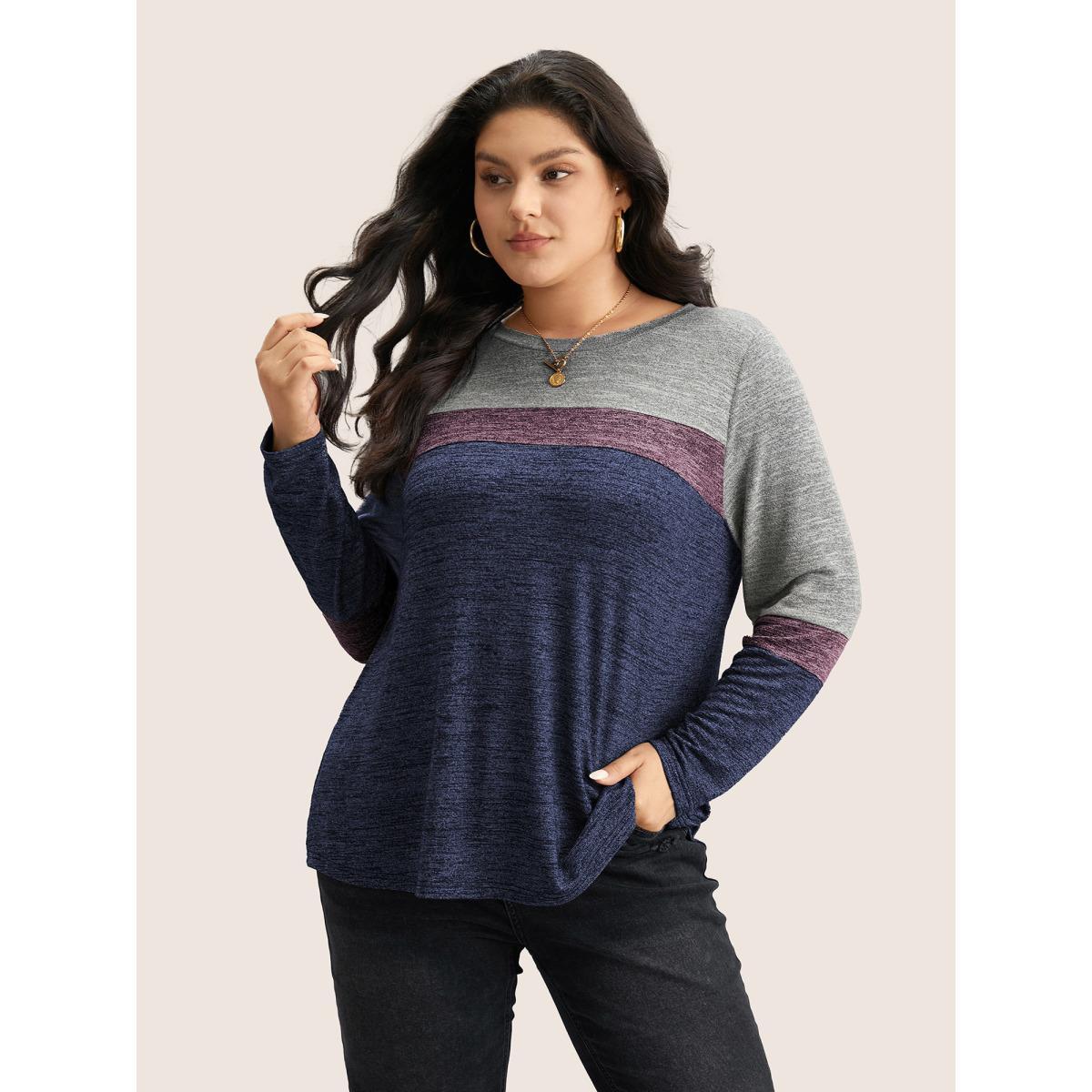 Plus Size Heather Colorblock Contrast Crew Neck T-shirt Blue Women Casual Texture Plain Round Neck Everyday T-shirts BloomChic 28/5X Product Image