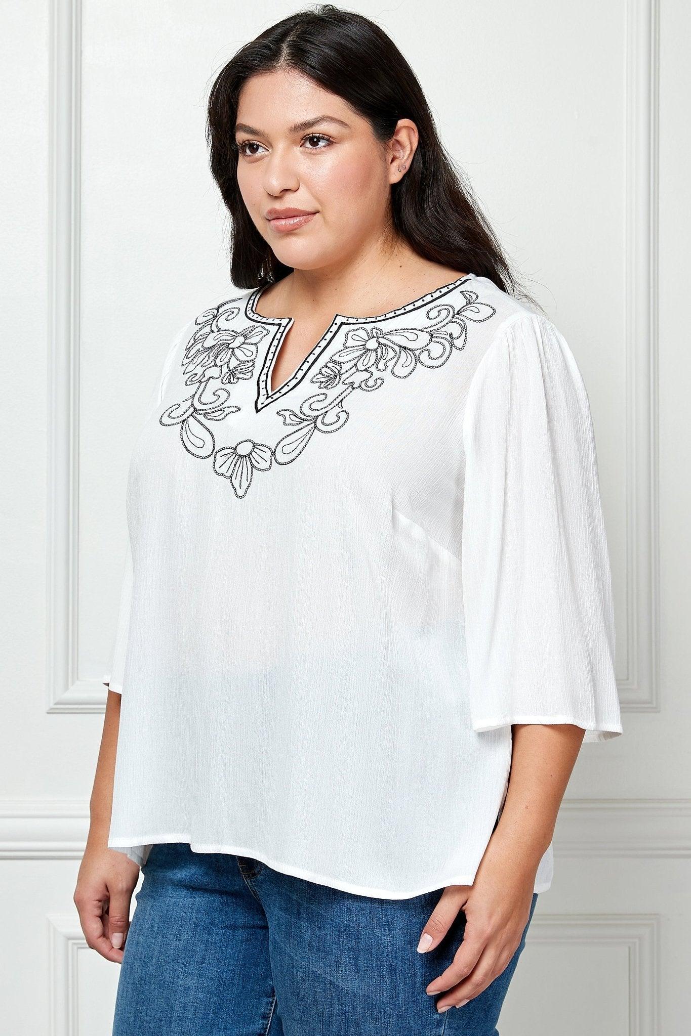 Roz & Ali 3/4 Sleeve Embroidered Top - Plus Female Product Image