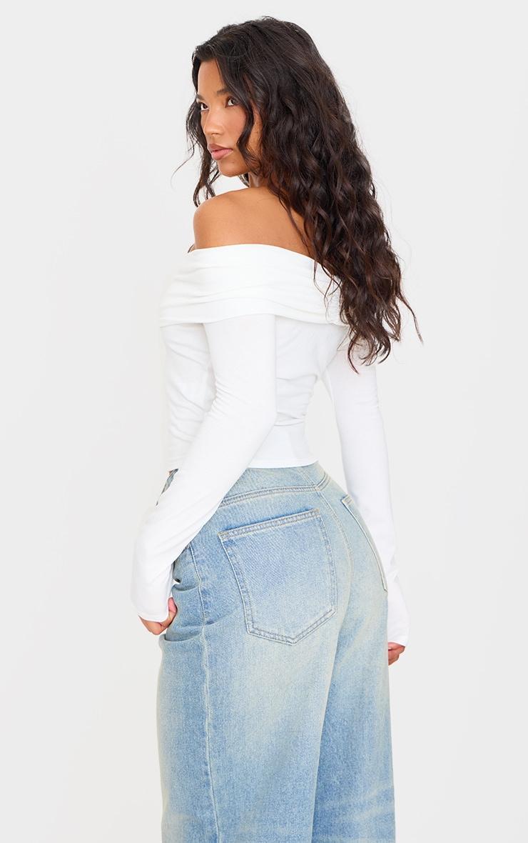 Cream Contour Jersey Ruched Foldover Bardot Crop Top Product Image