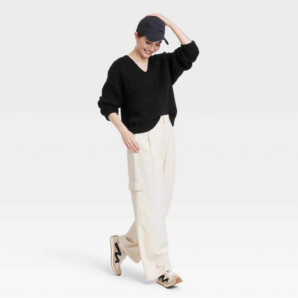 Women's V-Neck Pullover Sweater - Universal Thread™ Black S: Recycled Polyester Blend, Textured Stitching, Ribbed Cuffs Product Image