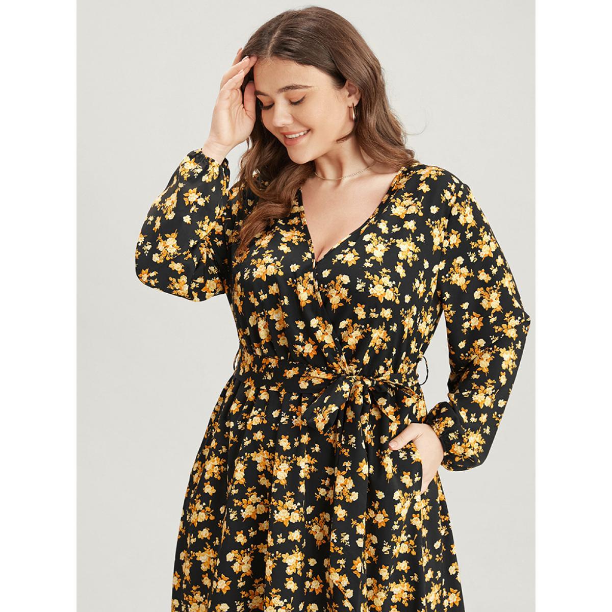Plus Size Floral Printed Pocket Lantern Sleeve Belted Wrap Midi Dress Black Women Elegant V-neck Long Sleeve Curvy Midi Dress BloomChic 30/6X Product Image
