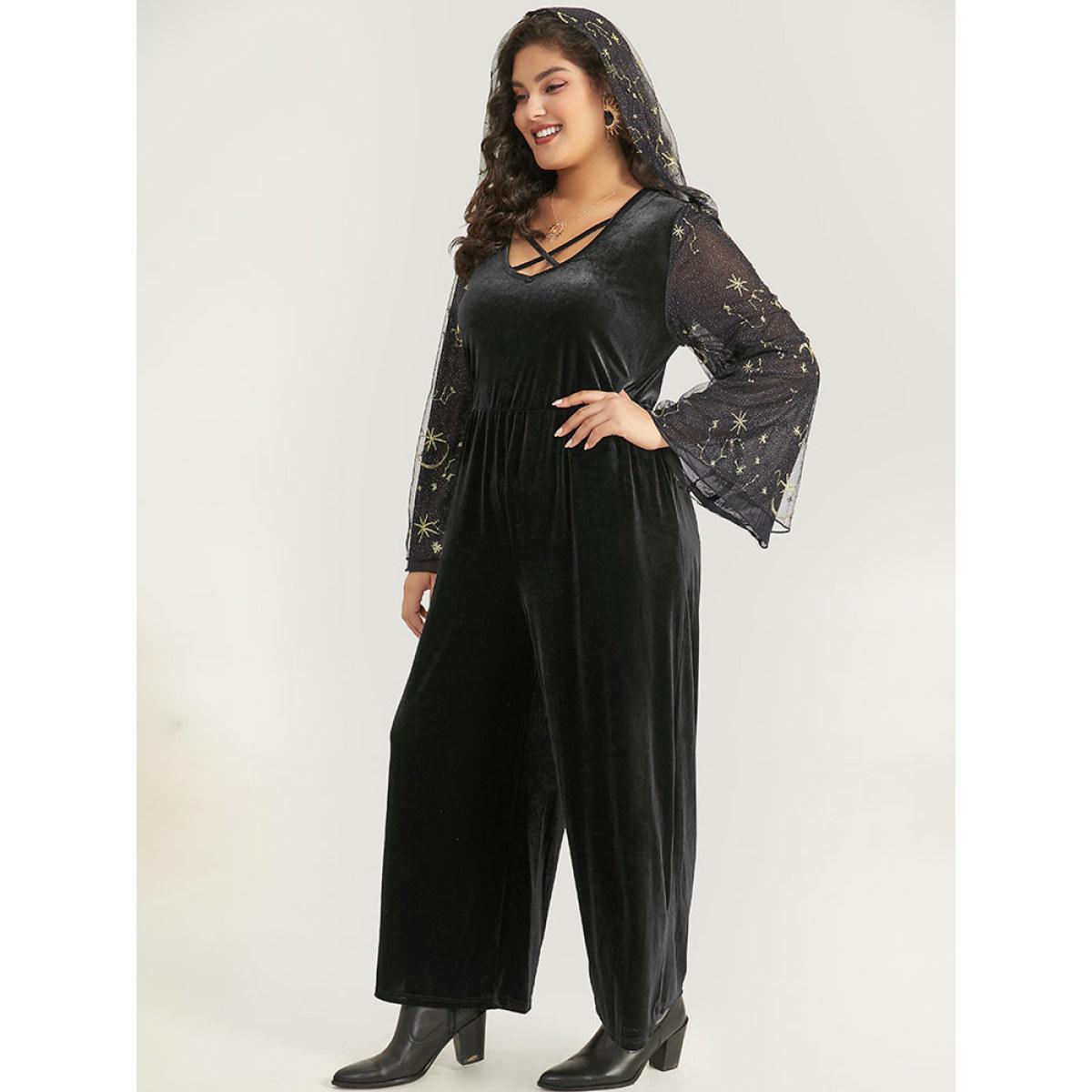 Plus Size Black Halloween Moon & Star Glitter Mesh Crisscross Neck Jumpsuit Women Elegant Long Sleeve Square Neck Festival-Halloween Loose Jumpsuits BloomChic 26/4X Product Image