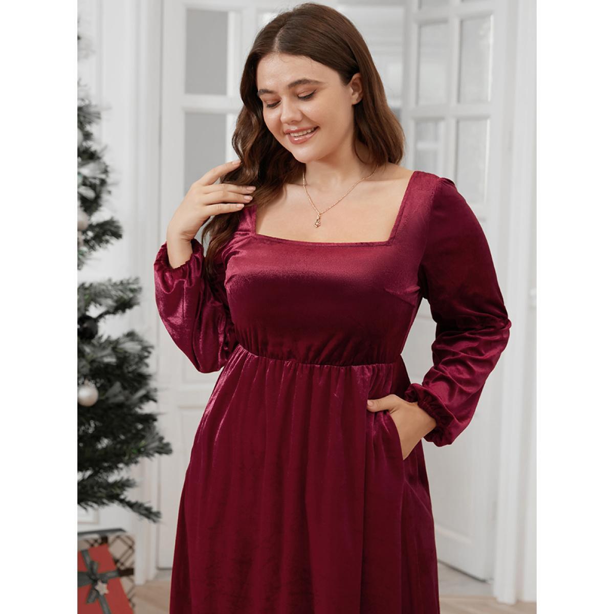 Plus Size Solid Square Neck Pocket Lantern Sleeve Velvet Dress Without Belt Scarlet Women Glamour Elastic Waist Square Neck Long Sleeve Curvy Midi Dress BloomChic 30/6X Product Image