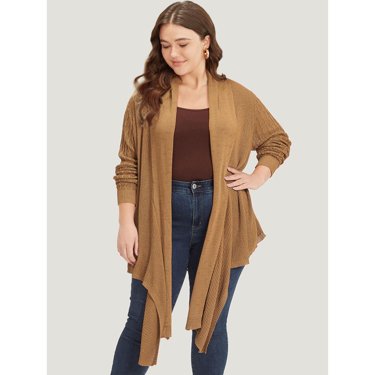 Plus Size Solid Lapel Collar Patchwork Asymmetrical Hem Cardigan Bronze Women Casual Loose Long Sleeve Everyday Cardigans BloomChic 22-24/3X Product Image