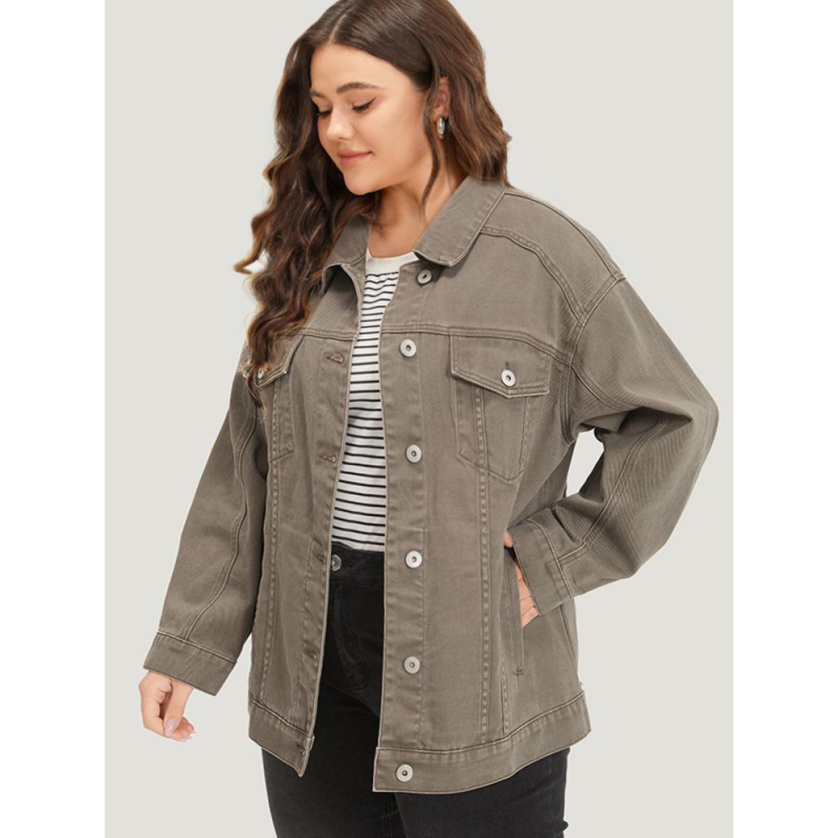 Women Solid Denim Button Fly Flap Pocket Light Wash Jacket LightBrown Plus Size Plain Button Everyday Pocket Casual Denim Jackets BloomChic 22-24/3X Product Image