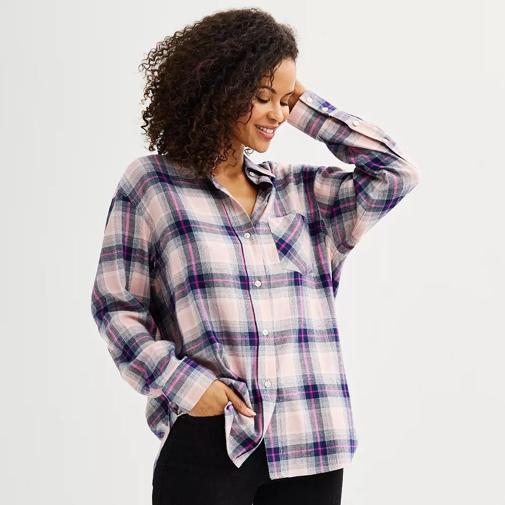 Petite Sonoma Goods For Life® Oversized Boyfriend Flannel, Women's, Size: Large Petite, Dark Purple Plaid Product Image