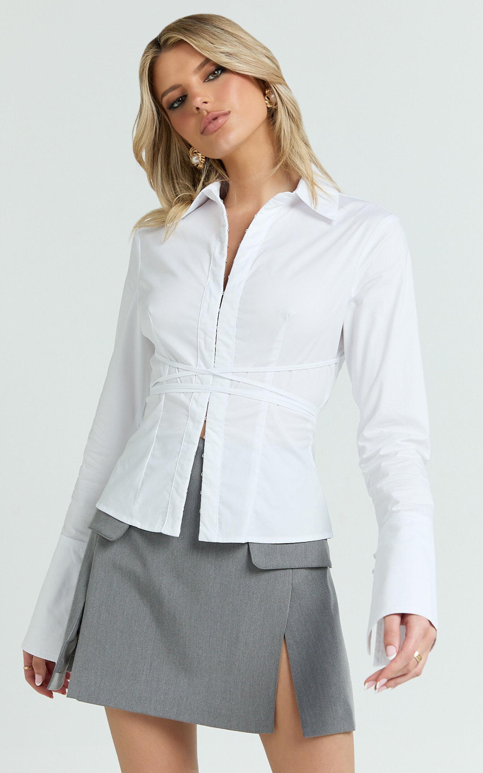 Katherine Top - Collared Plunge Flared Sleeve Top in White Product Image